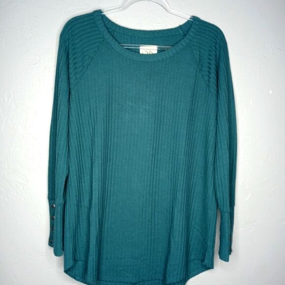 Chaser Green Waffle Knit Button Sleeve Top - Picture 1 of 5